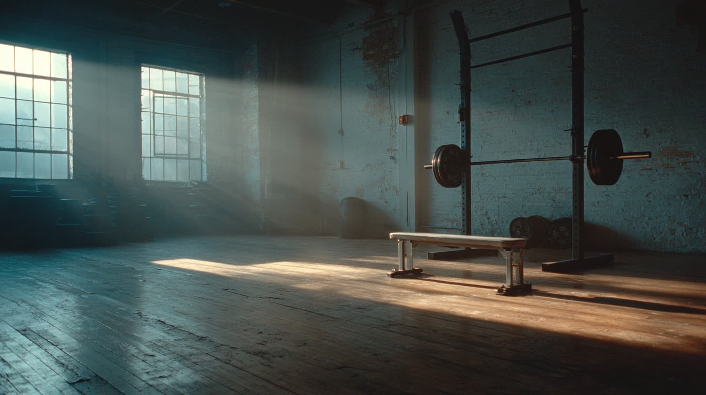 An empty gym at predawn: power rack, weight plates, and bench in deep shadow with cold light pouring through industrial windows